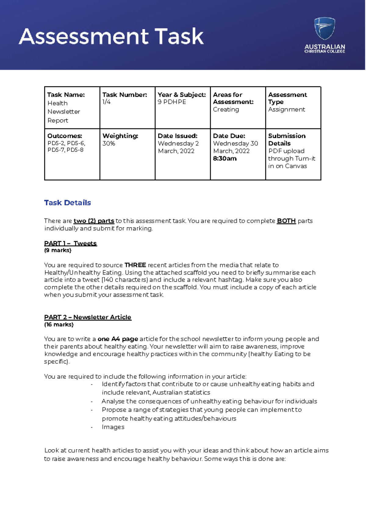 9 PDHPE - Assessment Task 1: Health Newsletter & Tweets Report - Studocu