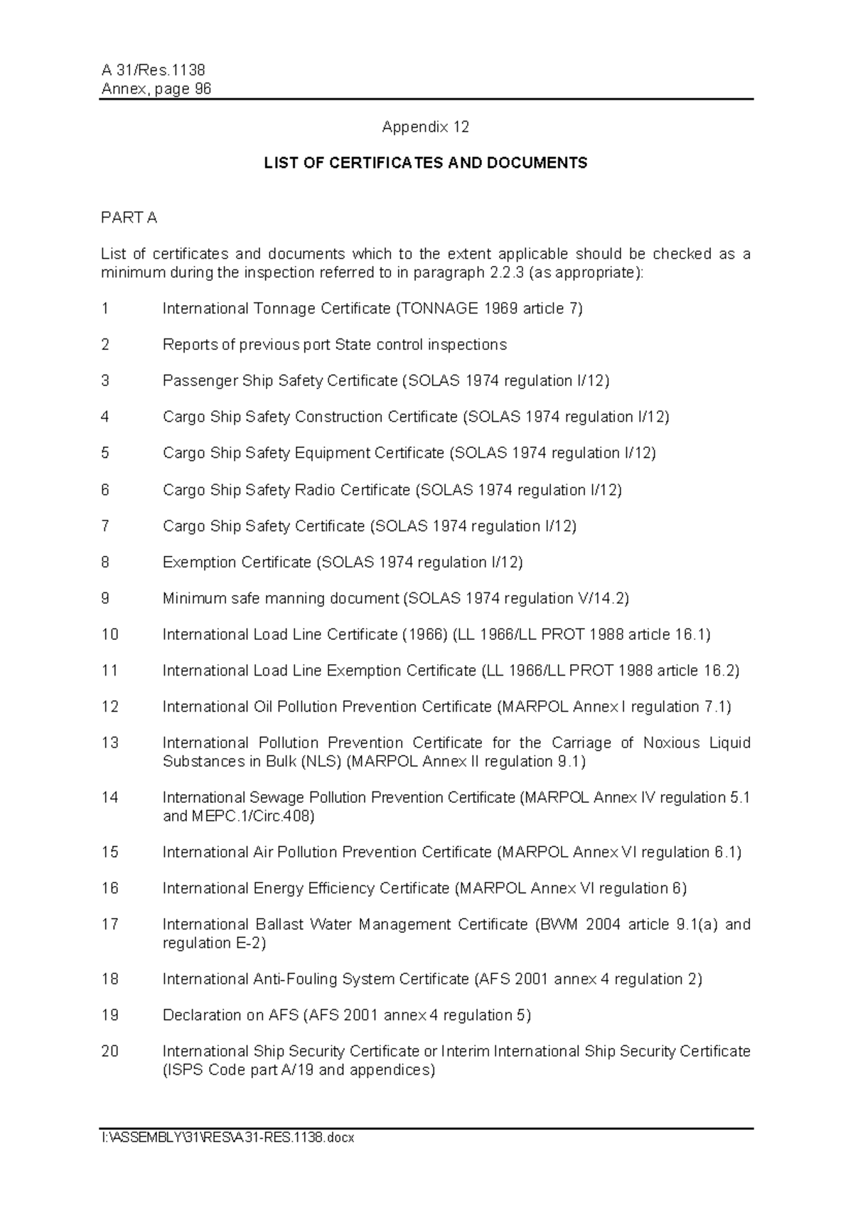 List of Certificates & Documents for Onboard Inspections - Studocu