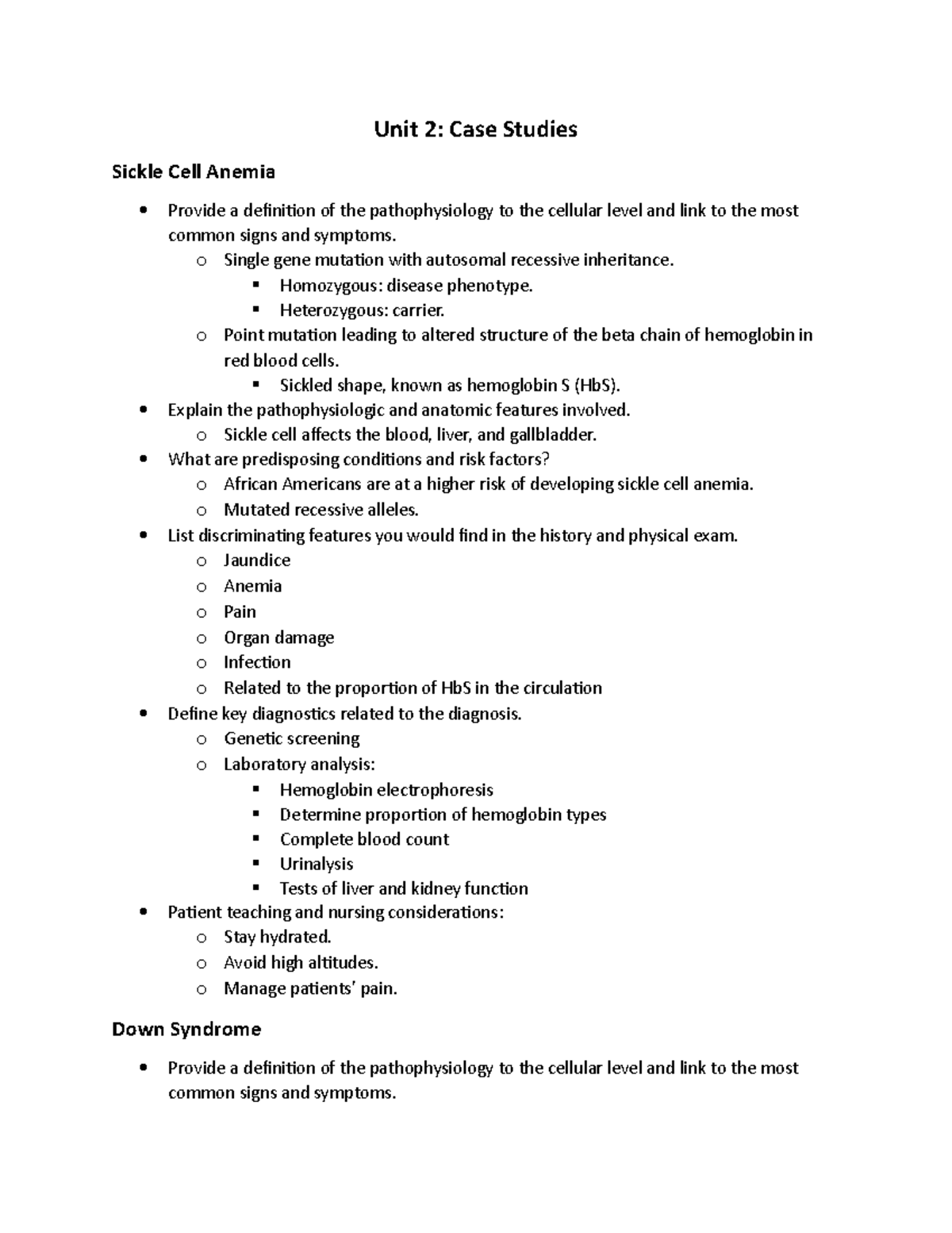 Unit 2 Case Studies - L. Kohl - Unit 2: Case Studies Sickle Cell Anemia ...
