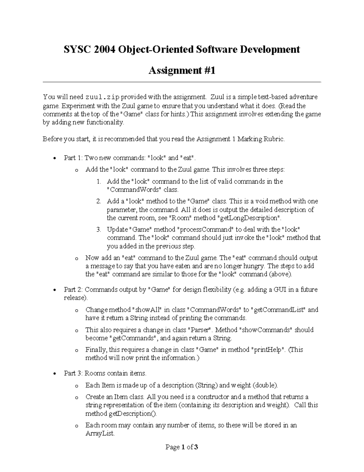 SYSC 2004 Software Development Assignment 1: Zuul Game Enhancements ...