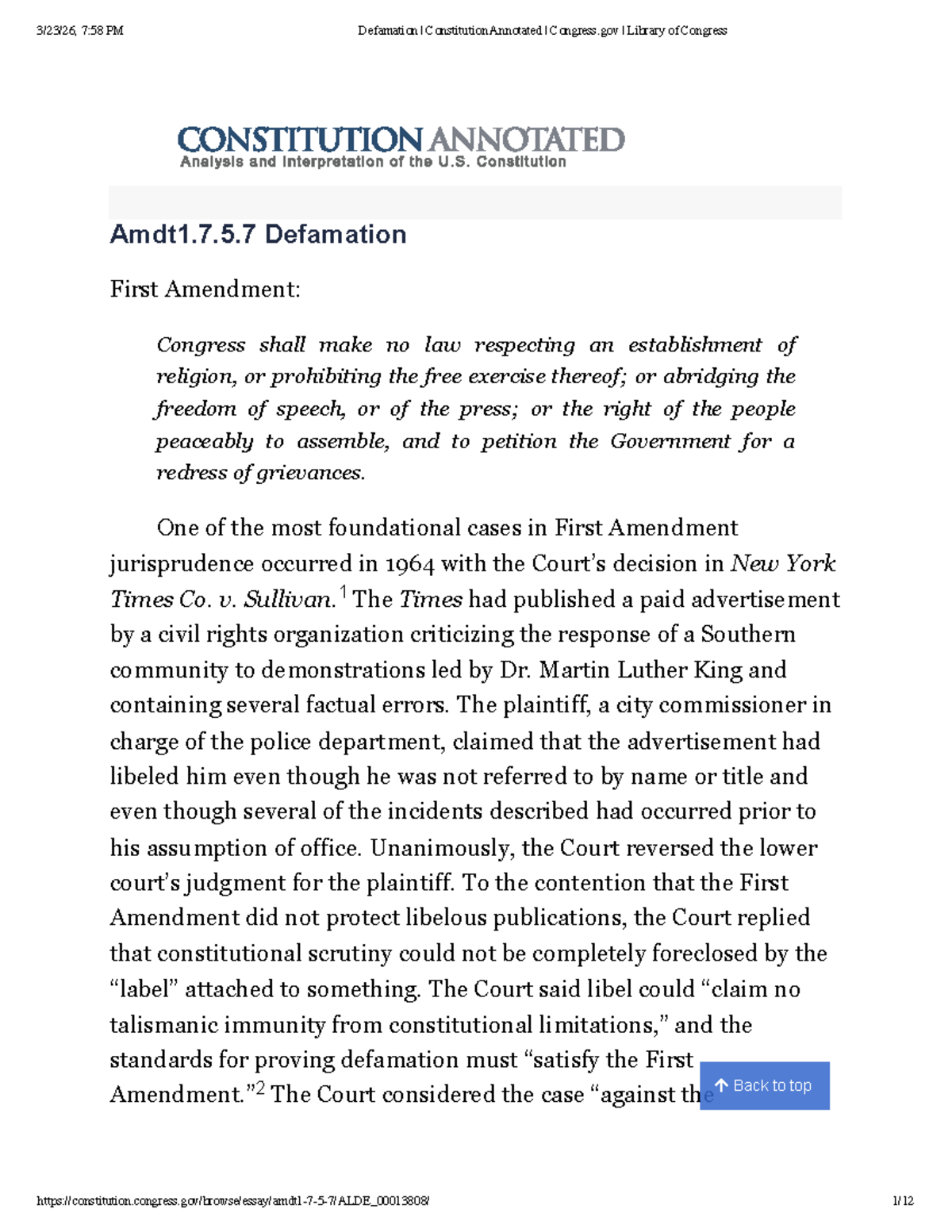 Defamation and the First Amendment: Key Cases and Principles (Amdt1.7.5 ...
