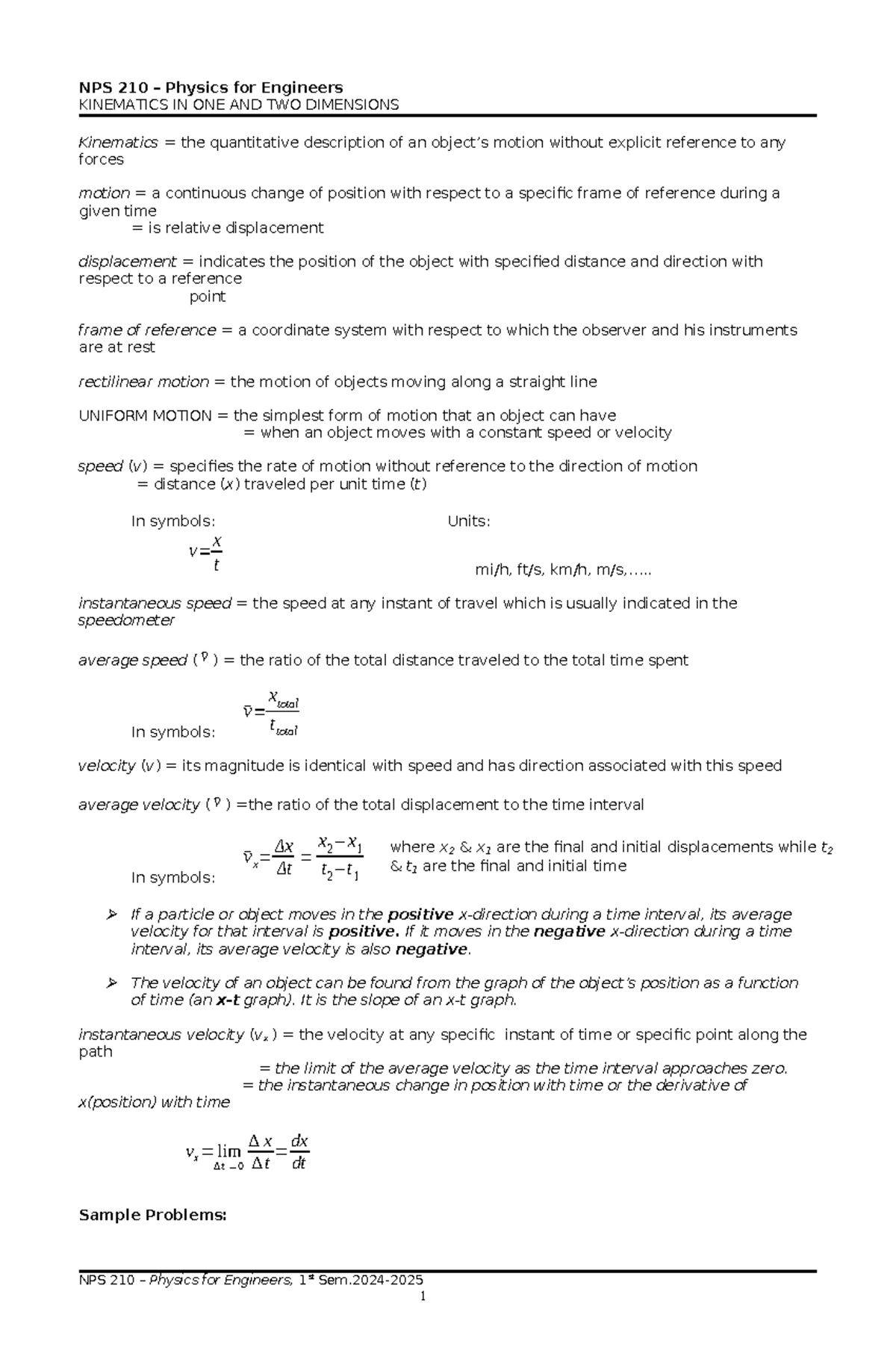 Kinematics-24-25 - kinematics notes - NPS 210 – Physics for Engineers ...