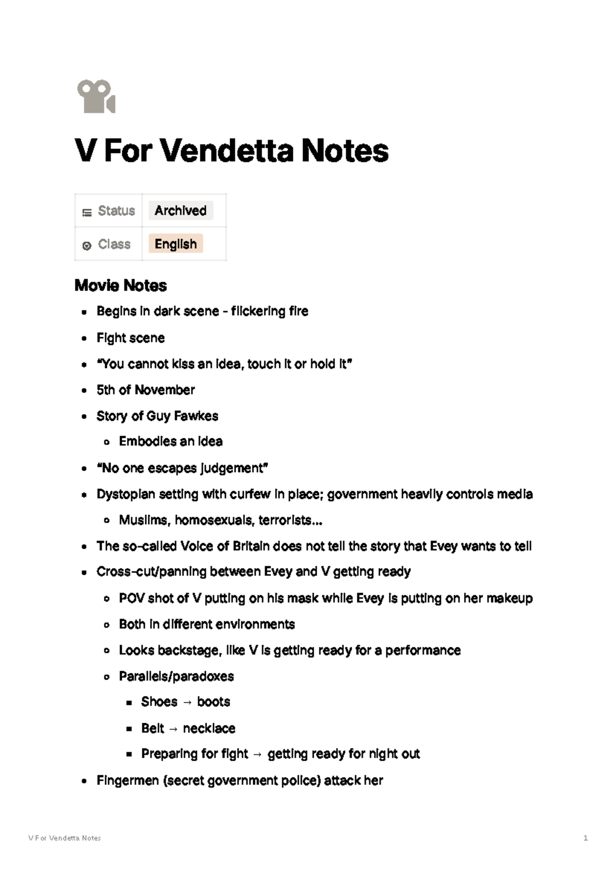 V for Vendetta Movie Notes: Themes, Characters, and Analysis - Studocu