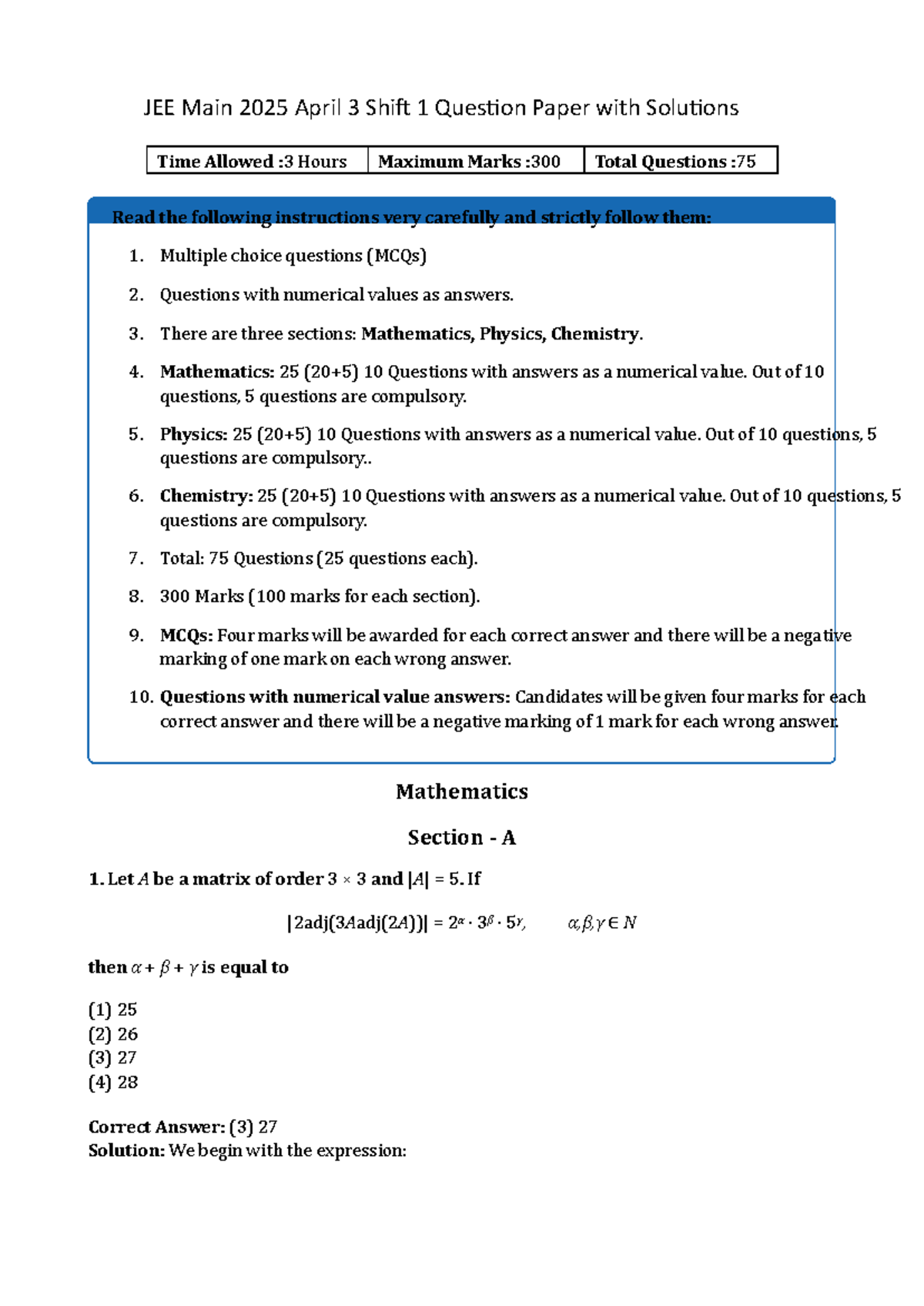 JEE Main 2025 April 3 Shift 1 Question Paper & Solutions - Studocu