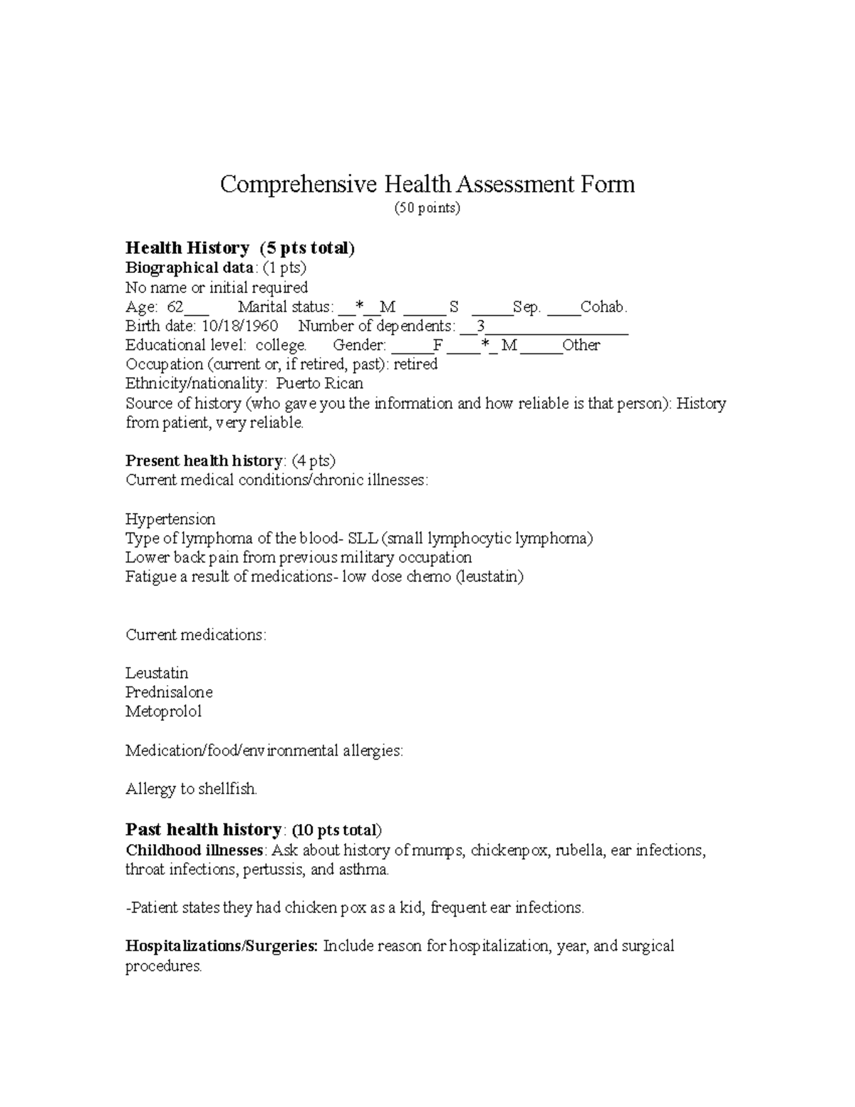 Comprehensive Health Assessment Form Assignment (50 pts) - Studocu