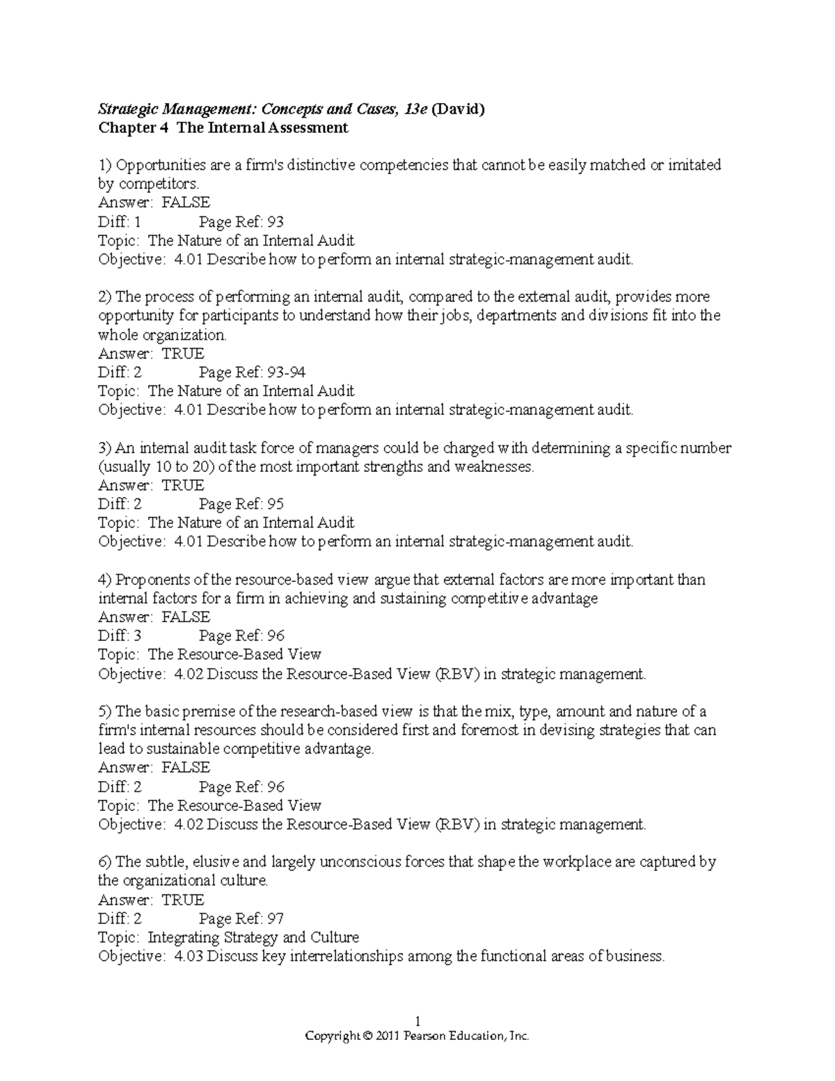 Chapter 4 Internal Assessment - Strategic Management Test Bank (SM 13e ...