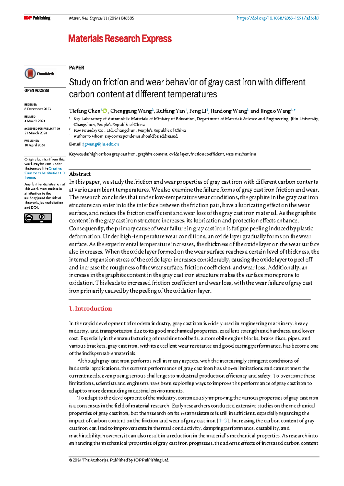 Friction and Wear Behavior of Gray Cast Iron: Effects of Carbon Content ...