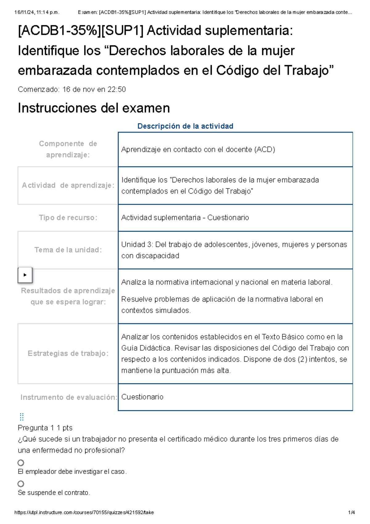 Examen [ACDB 1-35%][SUP 1]: Derechos Laborales de la Mujer Embarazada ...
