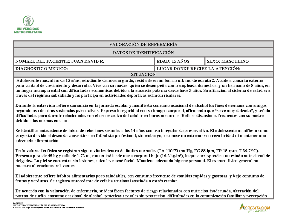 PAE Clínico: Valoración de Enfermería y Plan de Cuidado del Adolescente