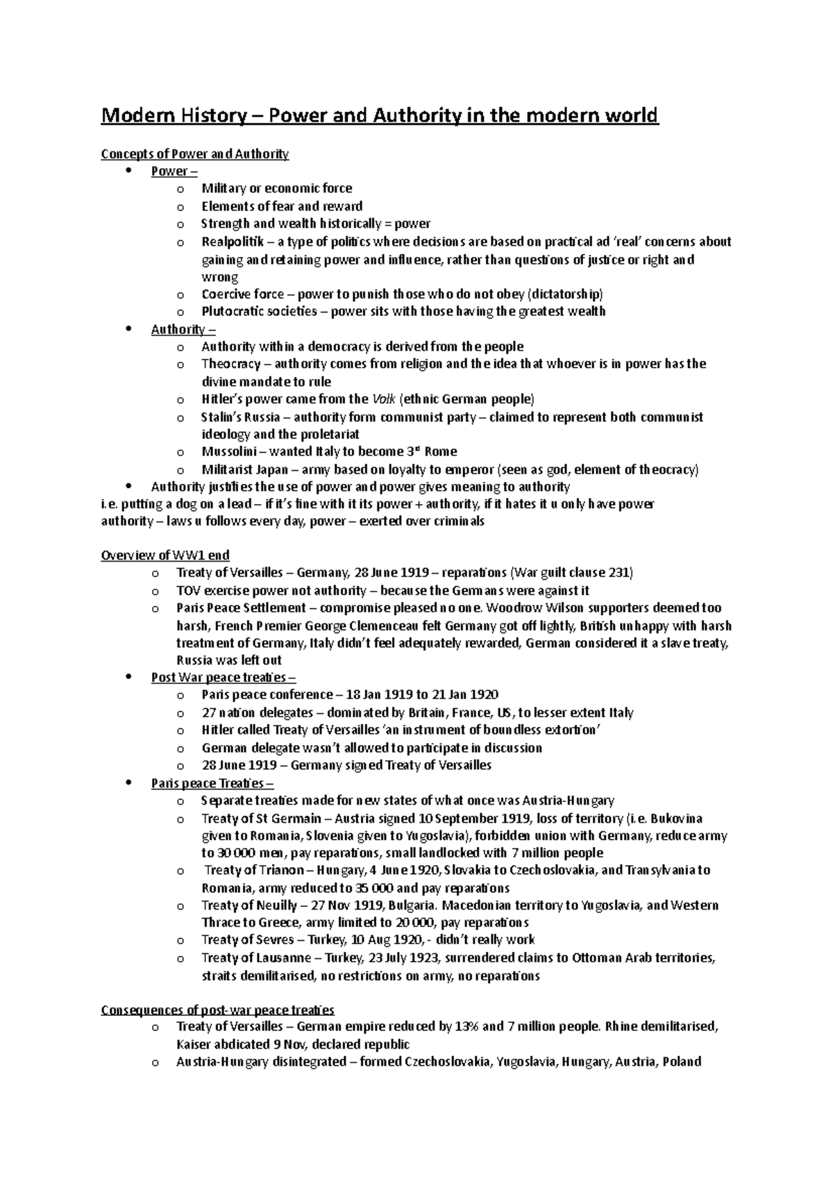 Power and Authority in the Modern World - Study Notes for History - Studocu
