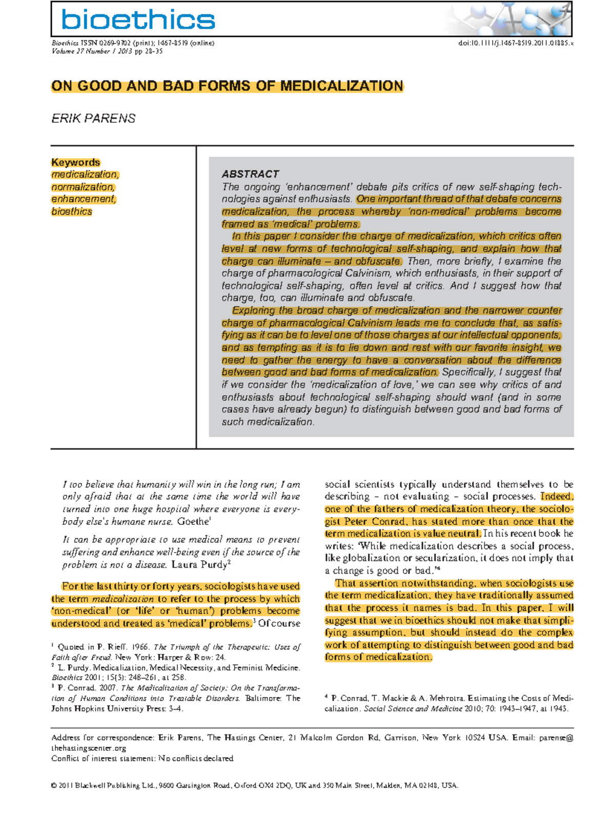 Medicalization: Examining Good and Bad Forms in Bioethics (BIOETHICS 27 ...