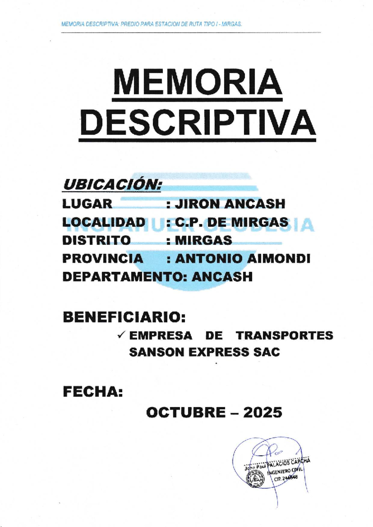 Memoria Descriptiva y Planos para Estación de Ruta Tipo I - MIRGAS - Document Preview