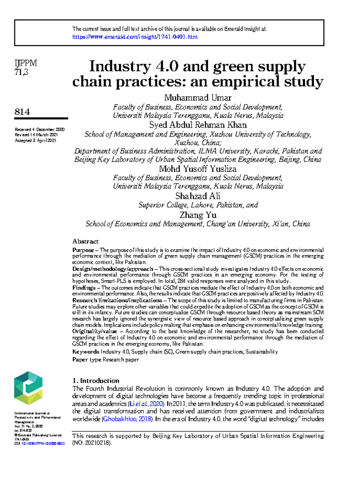 IJPPM 71,3: Industry 4.0's Impact on Green Supply Chain Practices in ...