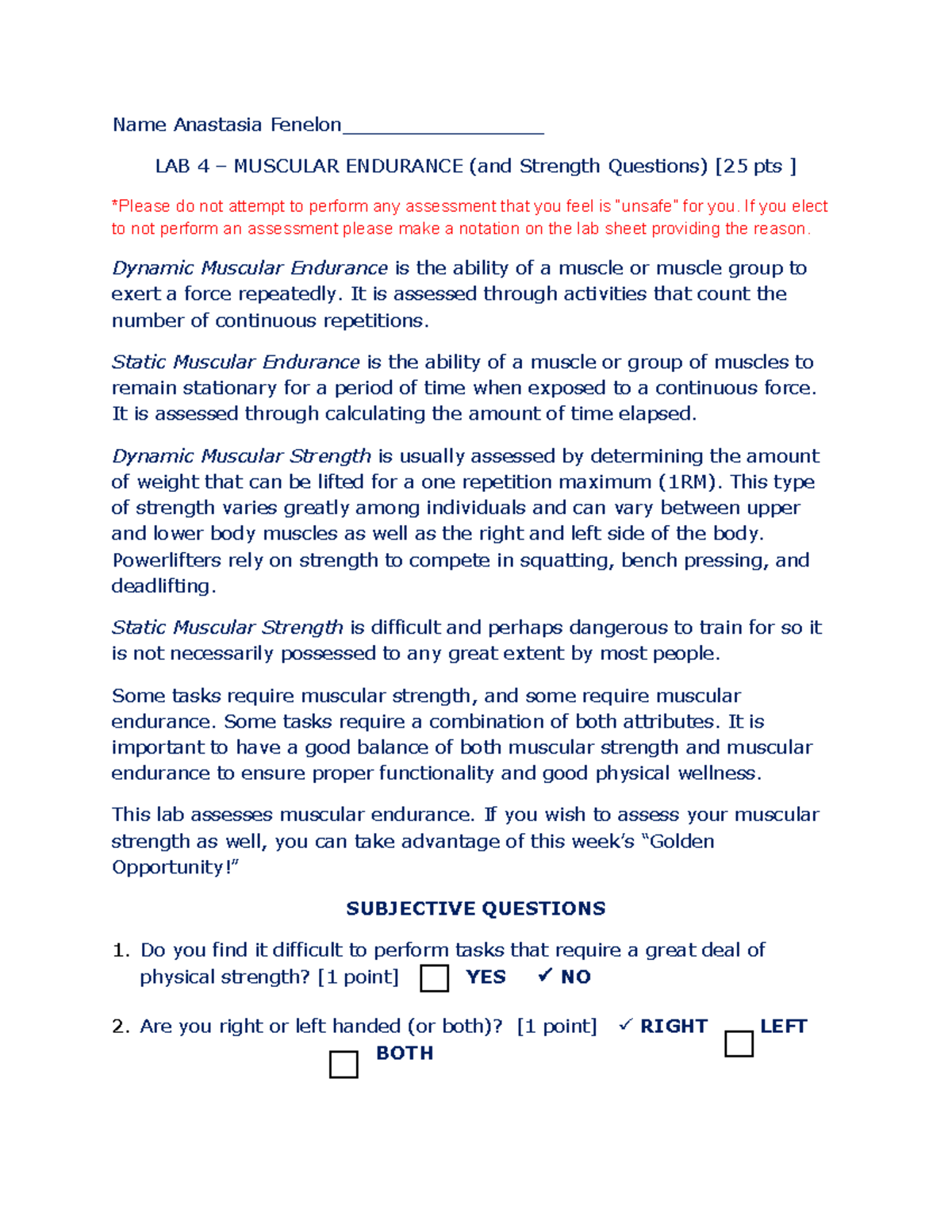 Fenelon LAB 4: Muscular Endurance Assessment & Results Analysis - Studocu