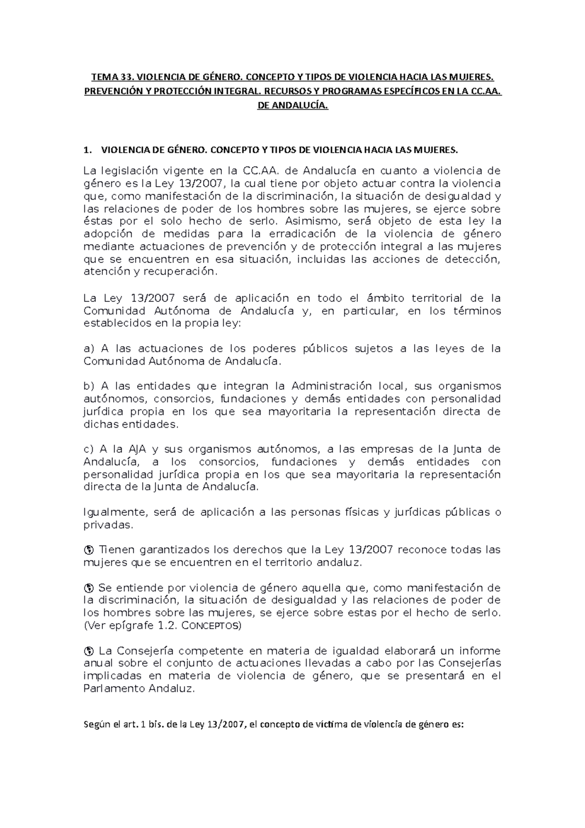 TEMA 33. Concepto y Tipos de Violencia de Género en Andalucía - Studocu