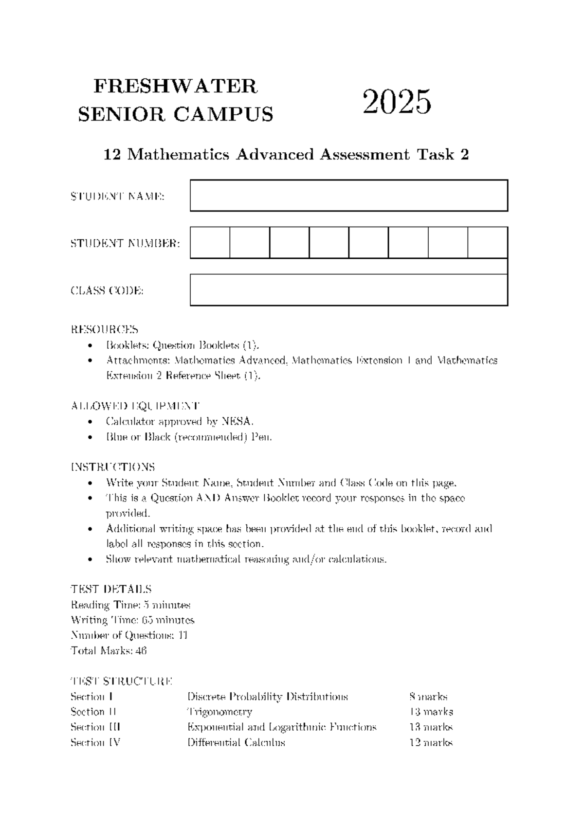 FRESHW 2025 12 Mathematics Advanced Assessment Task 2 - Studocu