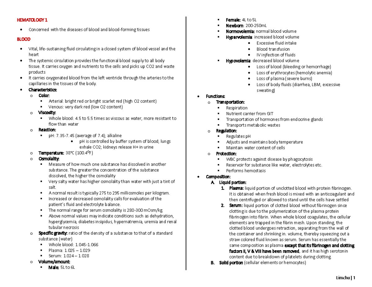 Hematology 1 LEC & LAB: Comprehensive Study Notes for Students - Studocu