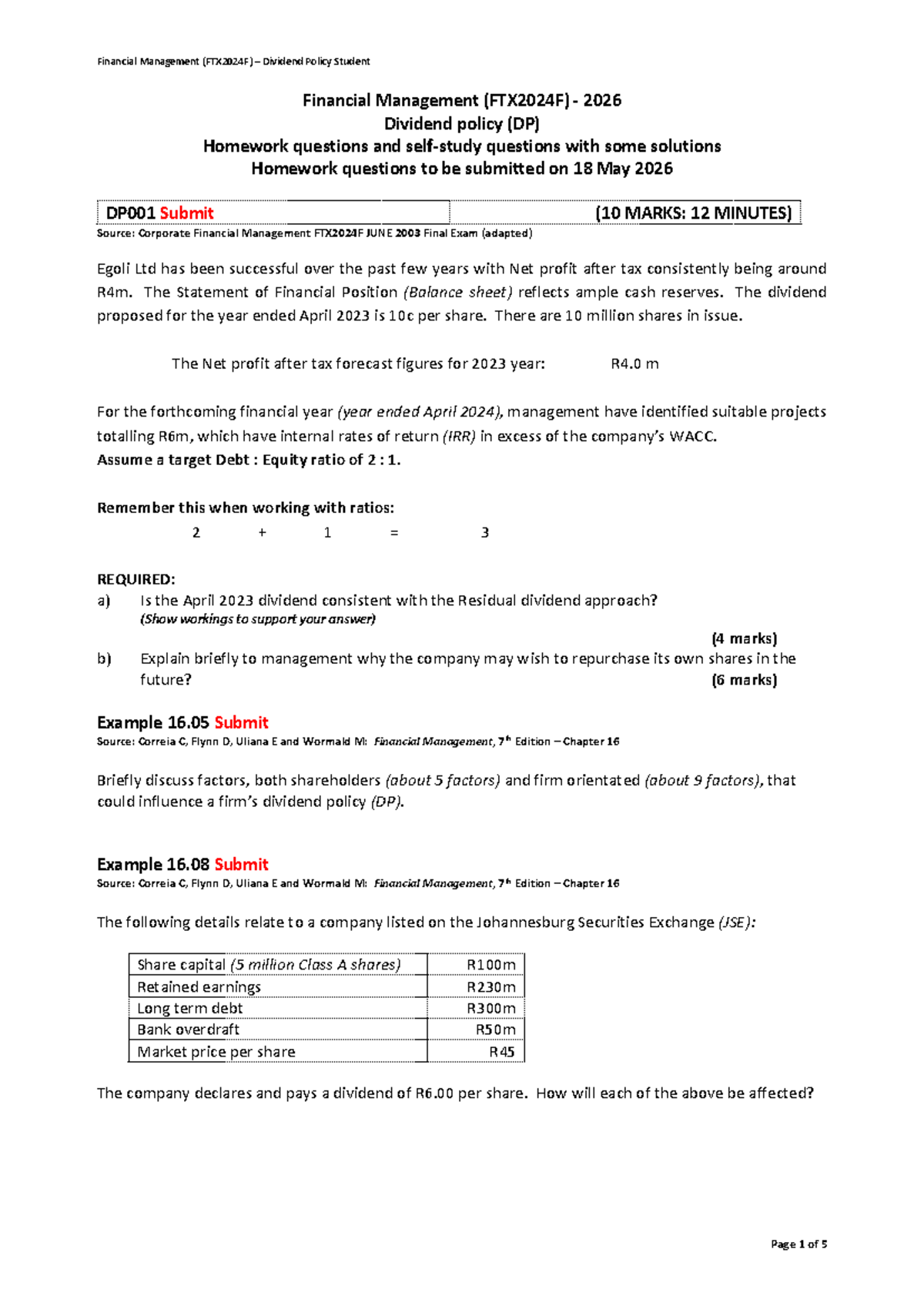 2026 FTX2024F Dividend Policy Homework & Solutions - Studocu