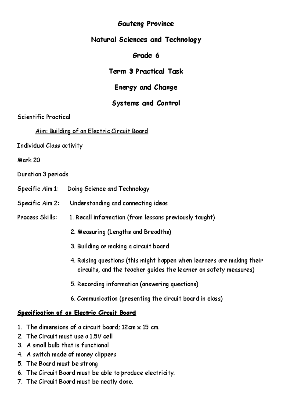 Grade 6 Natural Sciences Term 3 Practical: Electric Circuit Board Task ...