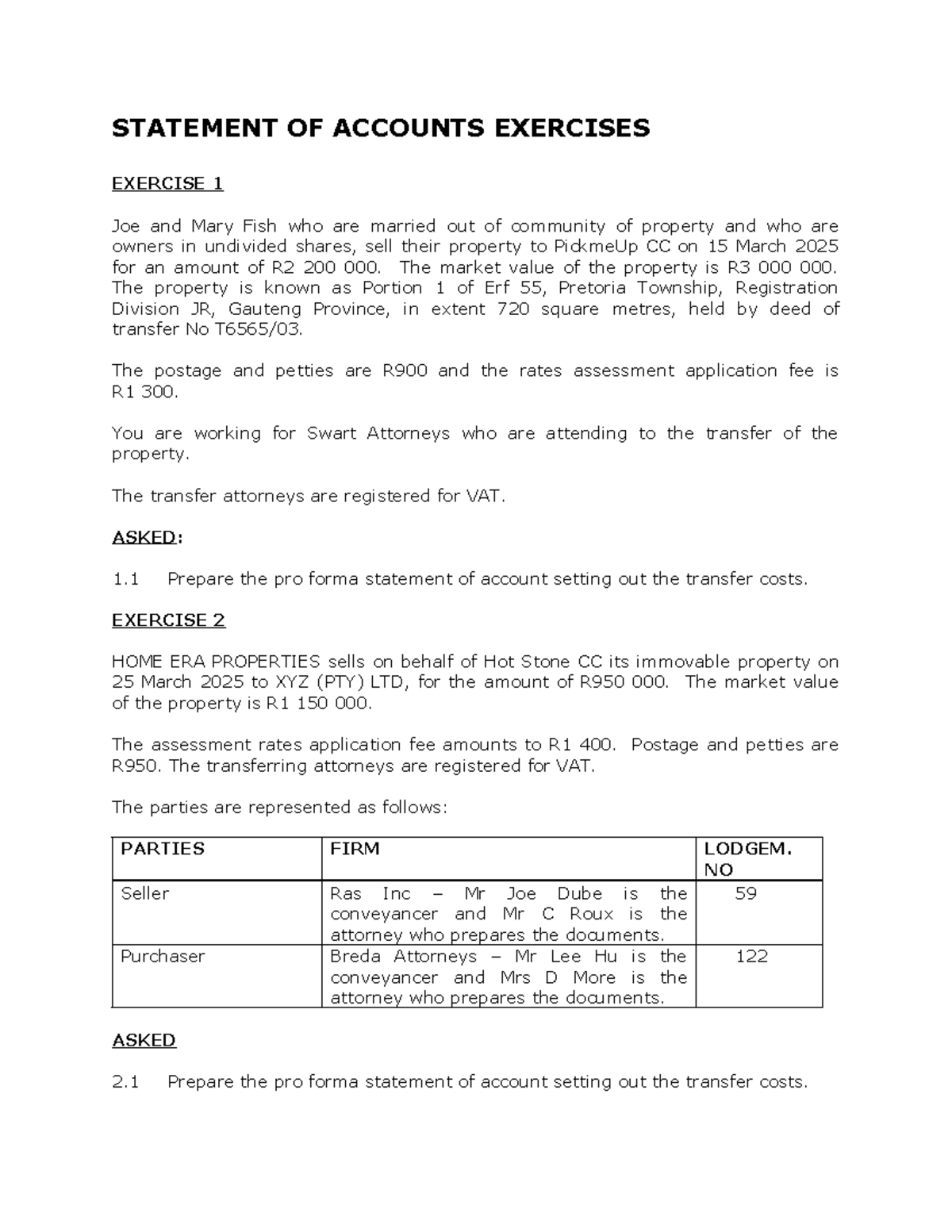STAT 101: Pro Forma Statements of Account Exercises for Property ...