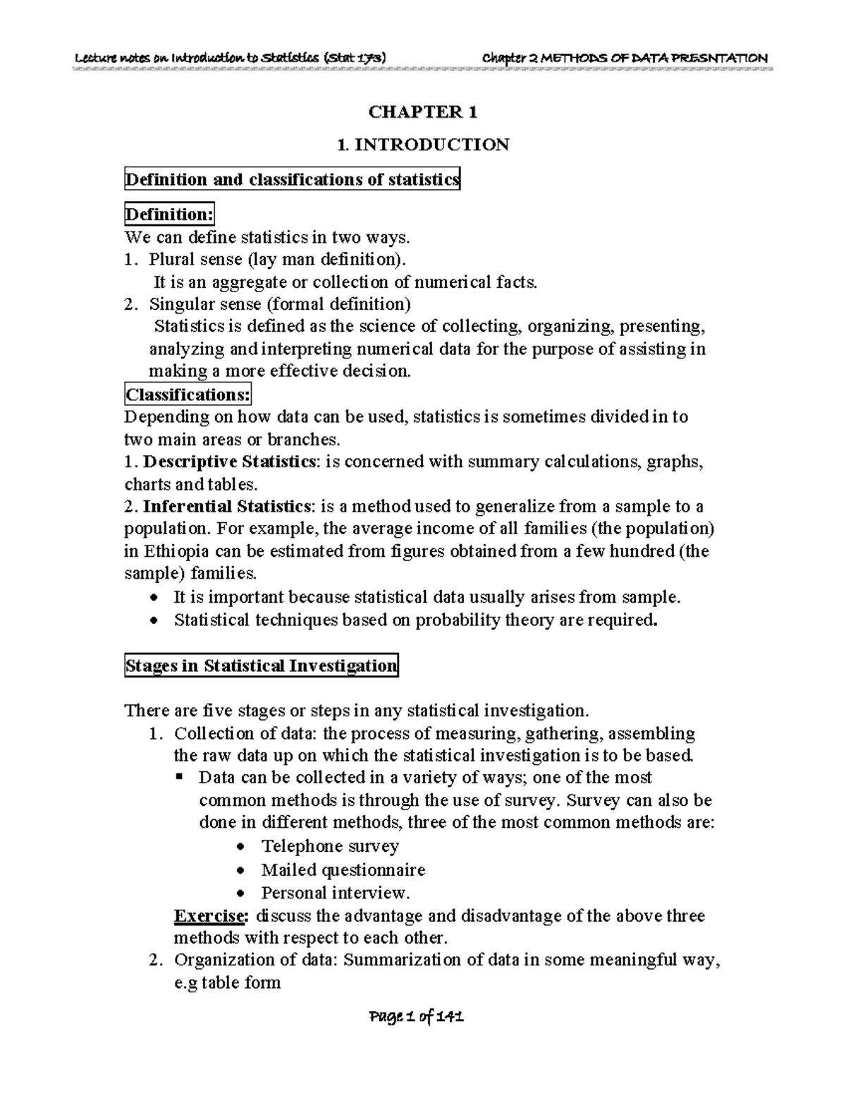 Lecture Notes on Introduction to Statistics (Stat 173) - Chapter 2 ...