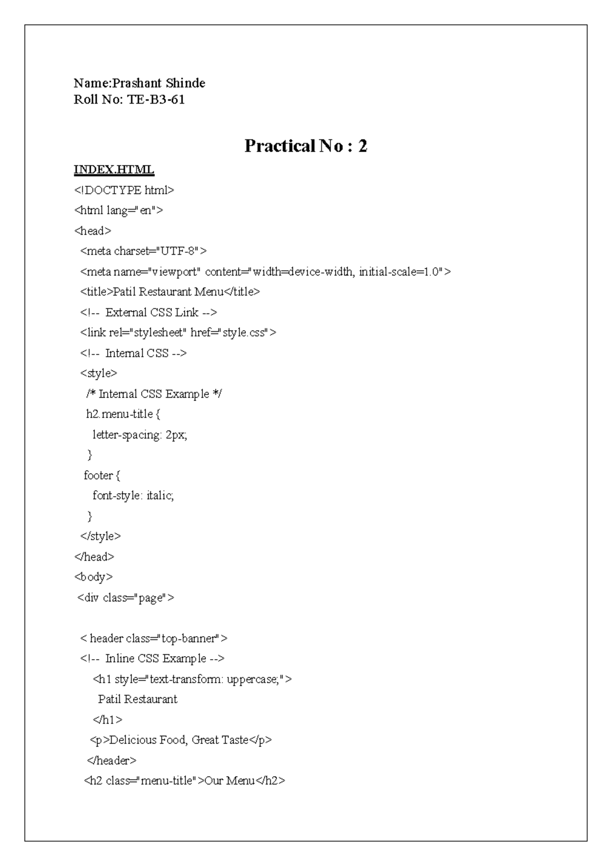 WT Prac 2 - Restaurant CSS Styling Techniques and Examples - Studocu