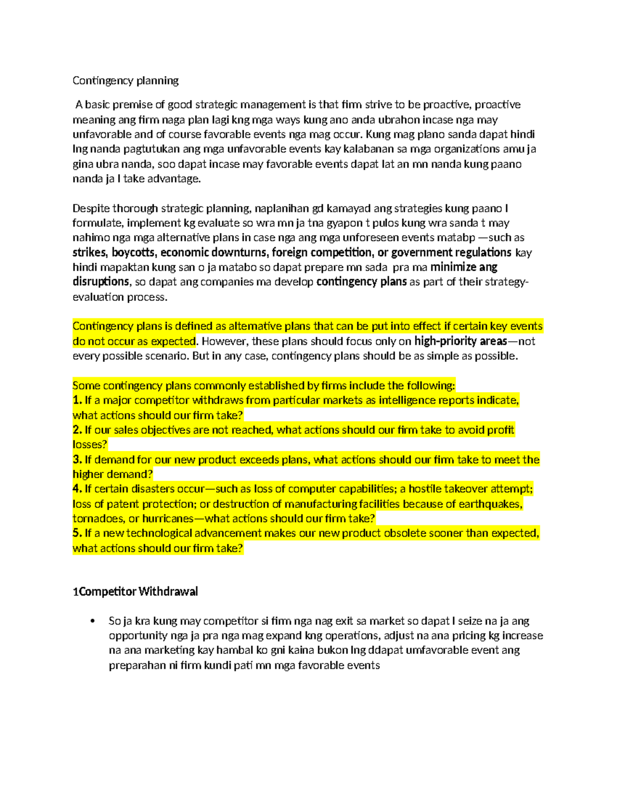 Strategic Management: Contingency Planning & Auditing Insights - Studocu