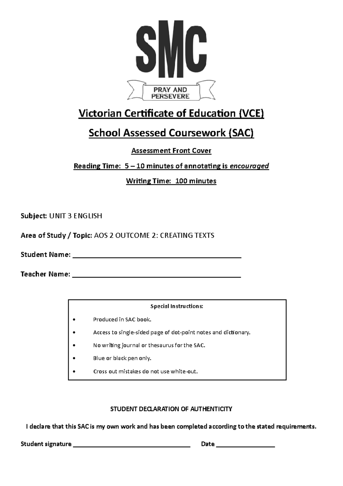 2025 VCE Unit 3 English AOS 2 Creating Texts SAC Task Sheet - Studocu