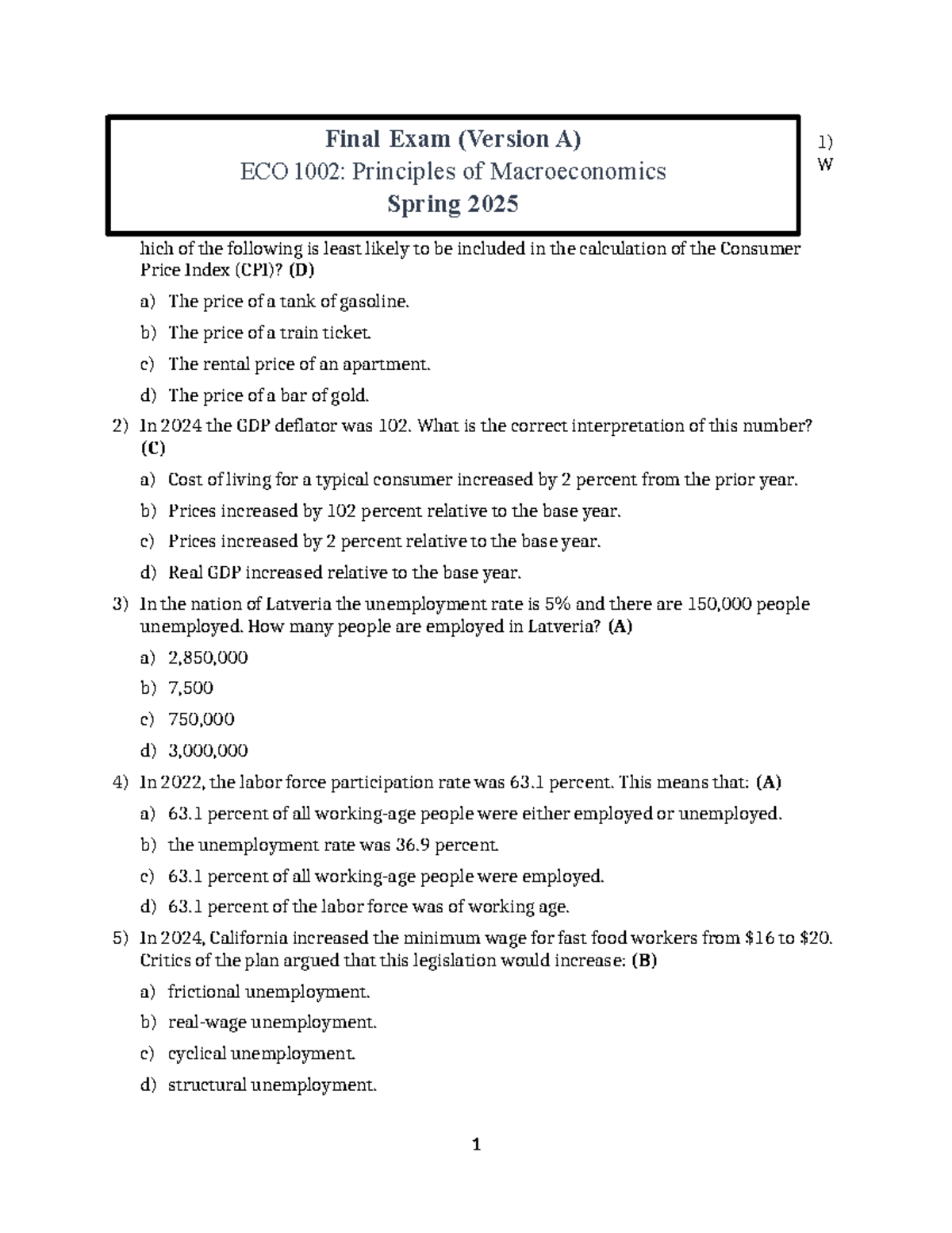Final Exam Solutions for ECO 1002: Principles of Macroeconomics Spring ...