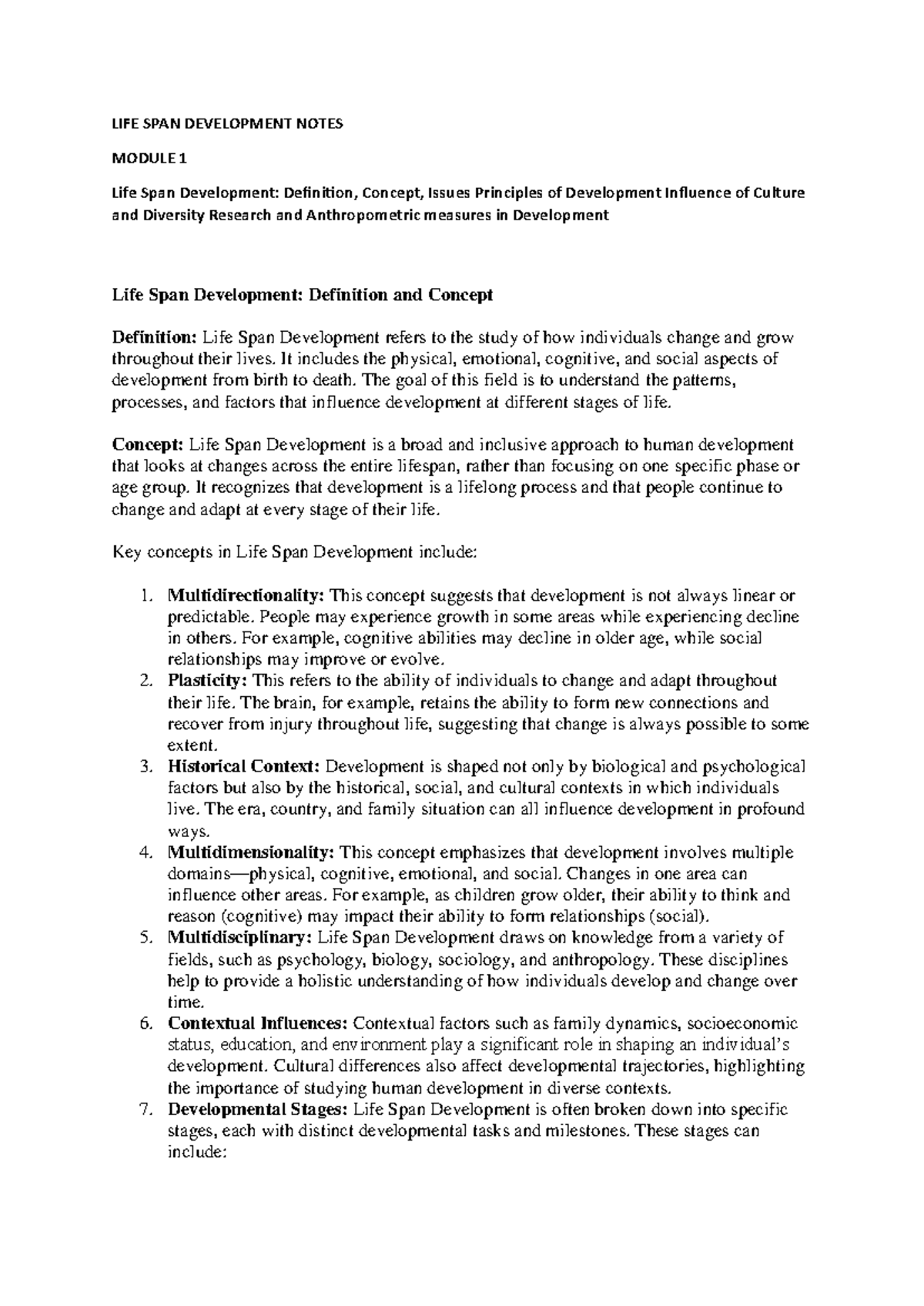 LIFE SPAN DEVELOPMENT NOTES MODULE 1: Key Concepts and Issues - Studocu