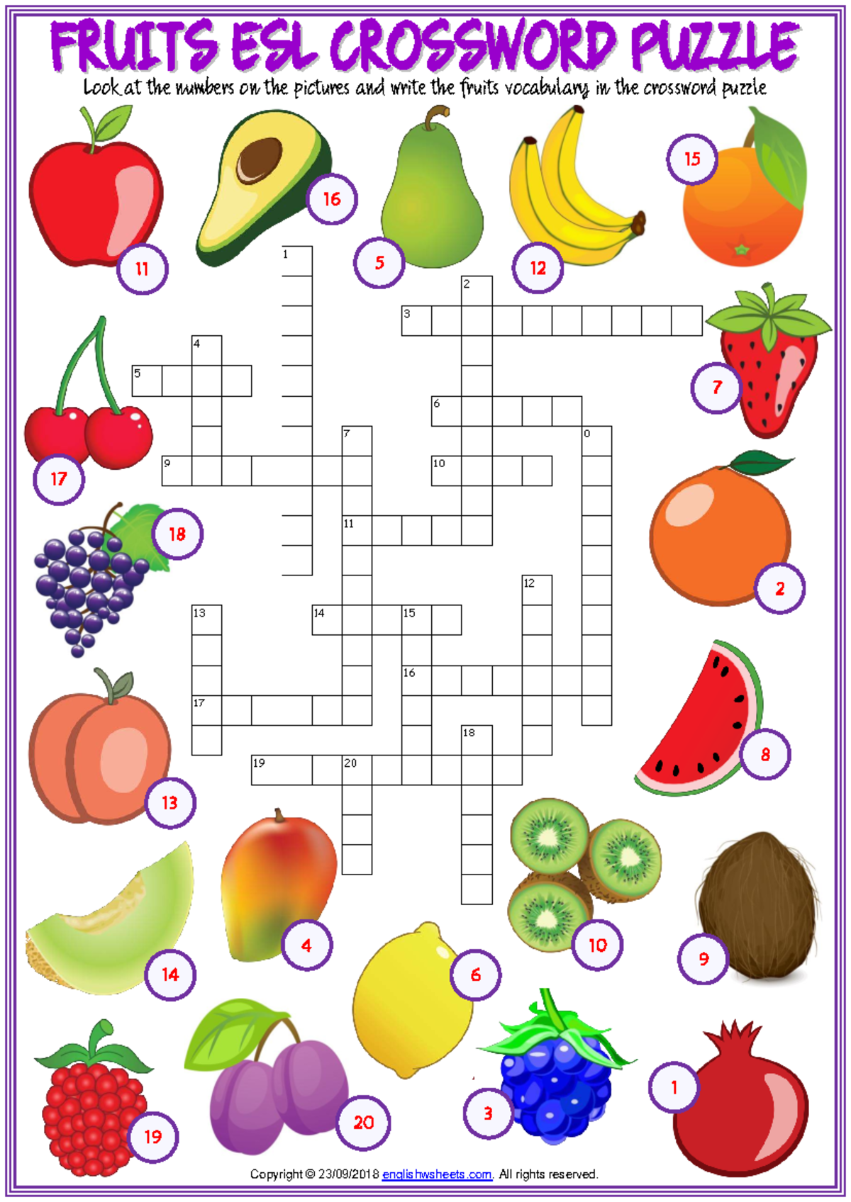 Fruits vocabulary esl crossword puzzle worksheet for kids - F F R R U U ...