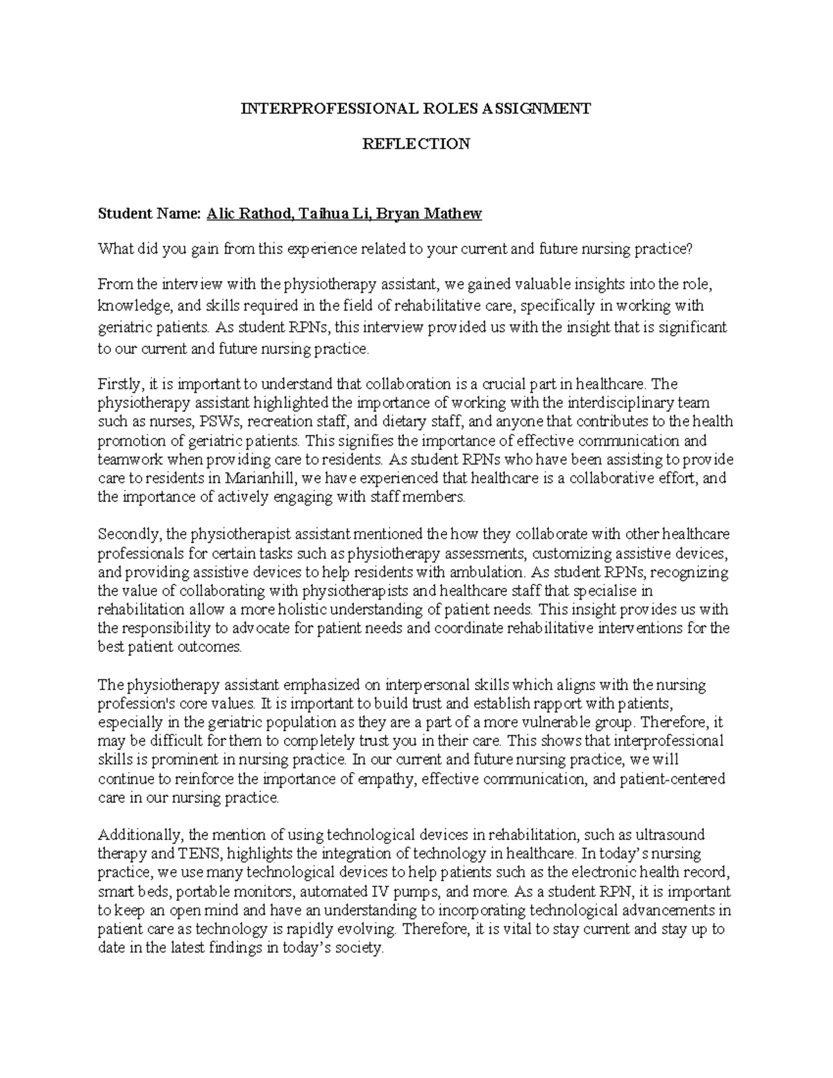 Interprofessional Roles Assignment Reflection - INTERPROFESSIONAL ROLES ...