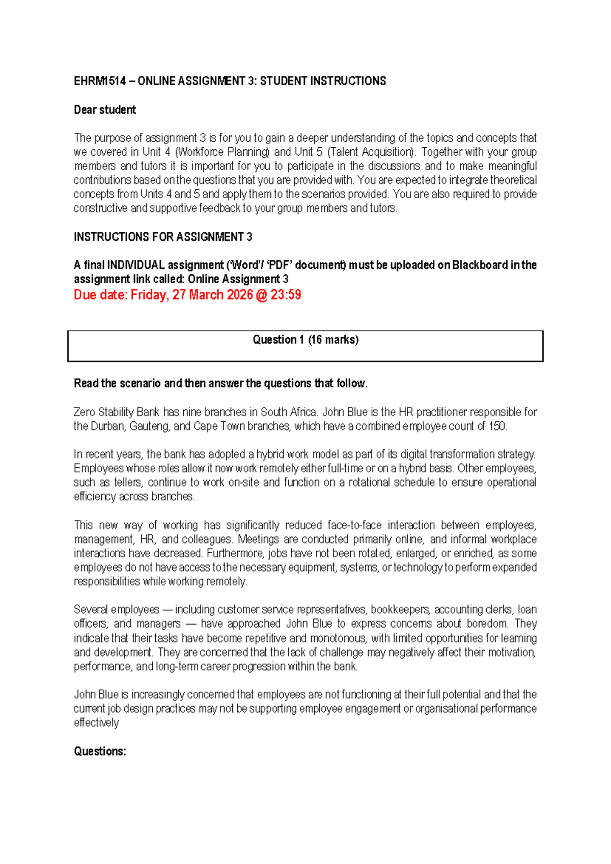 EHRM1514 Online Assignment 3: Workforce Planning & Talent Acquisition ...