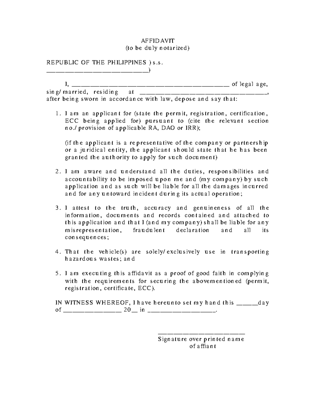 Affidavit for HW Transporter Registration and Compliance Form - Studocu