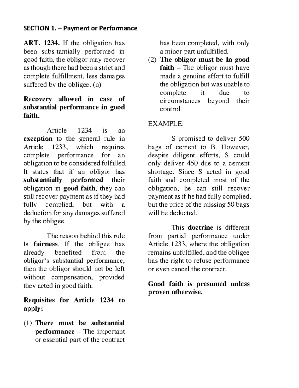 ART. 1234 - Substantial Performance in Good Faith Explained - Studocu