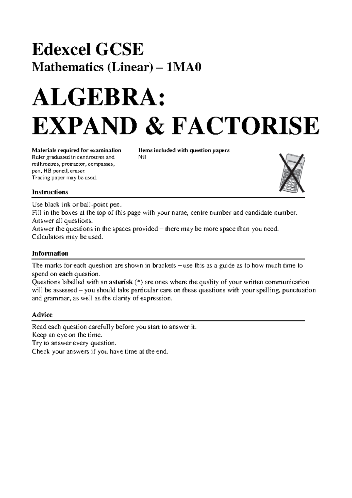 Algebra Expansion & Factorisation Guide - Edexcel GCSE 1MA - Studocu
