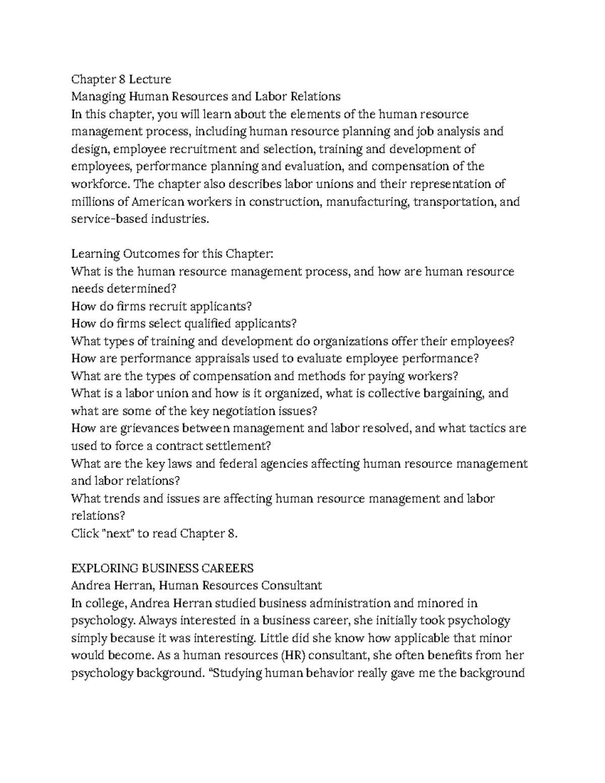 Module 8 Managing Human Resources and Labor Relations - Chapter 8 ...