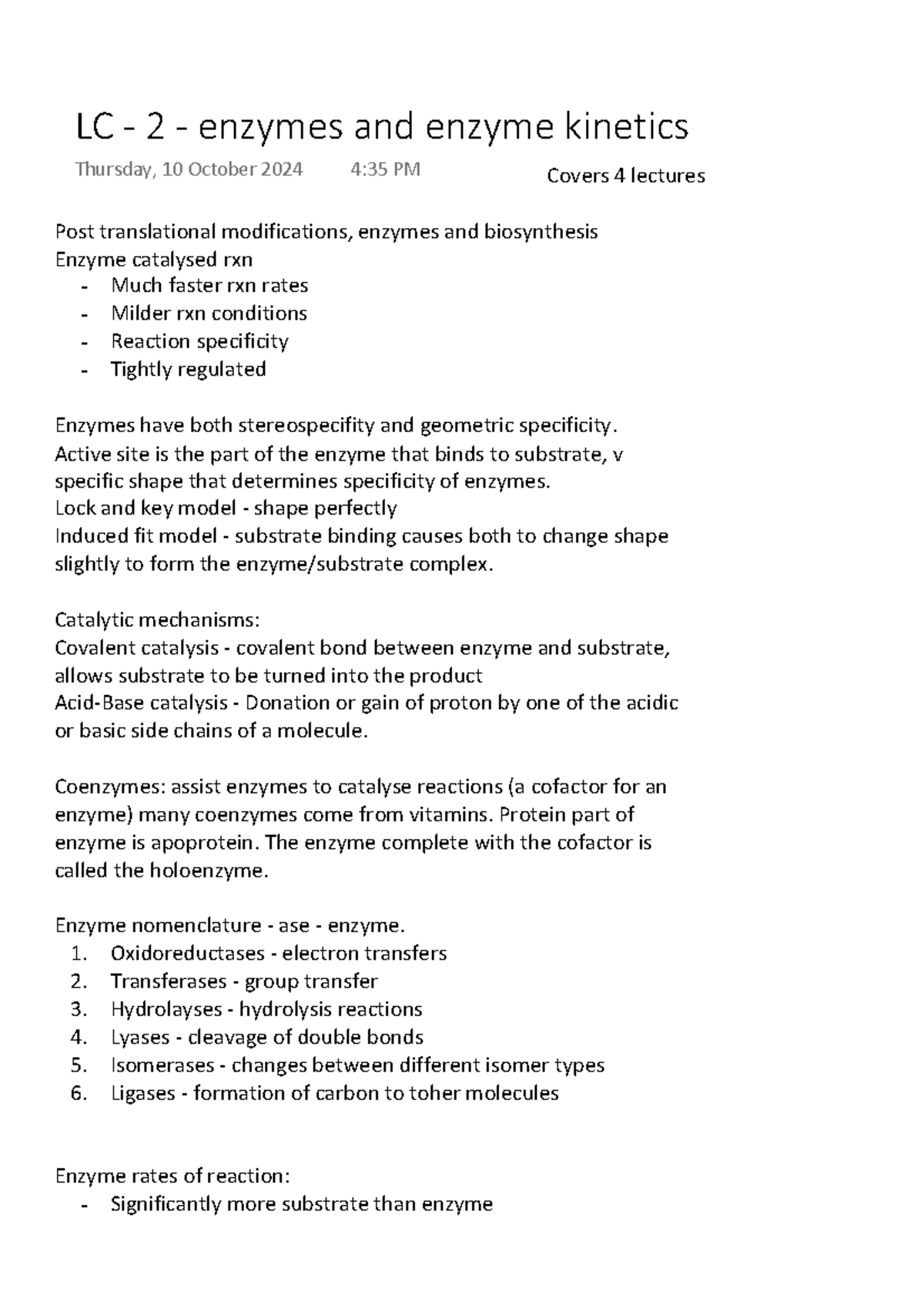 Enzymes and Enzyme Kinetics Review Notes for BIOC Course - Studocu