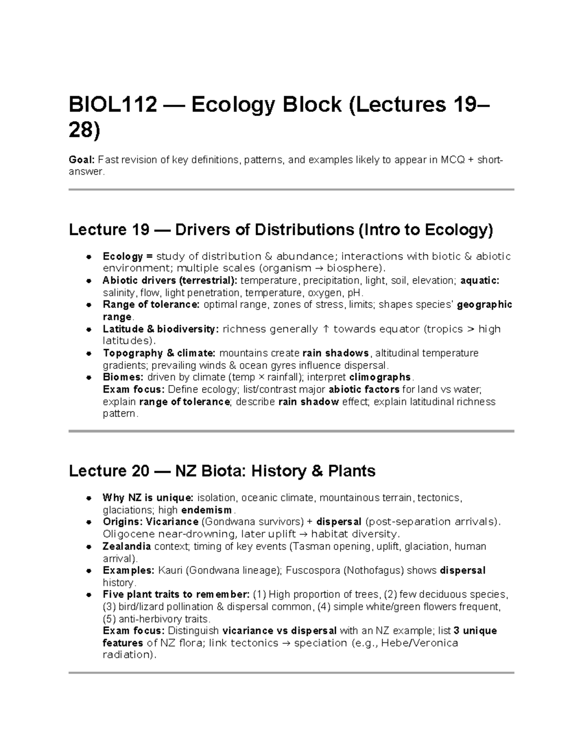 BIO 112 - Final Exam Review: Key Concepts in Ecology and Behavior - Studocu