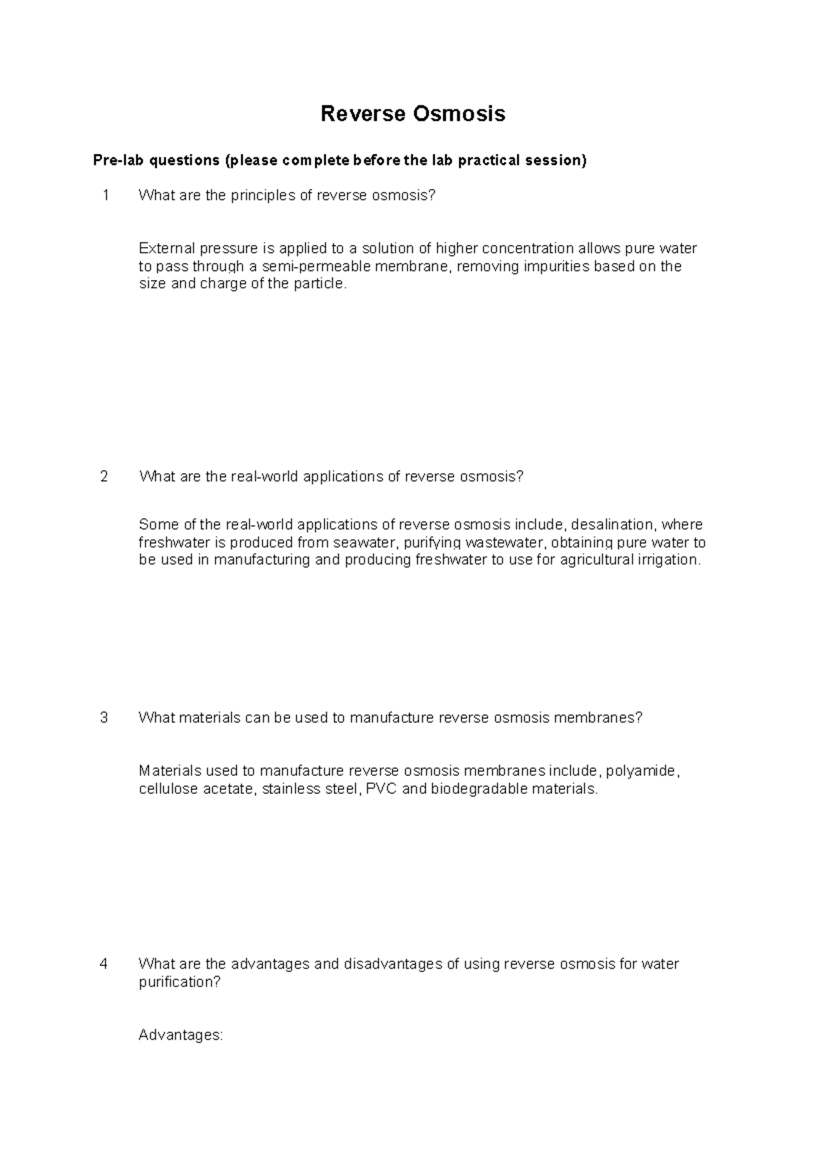 Pre-Lab Questions on Reverse Osmosis (RO) Principles and Applications ...