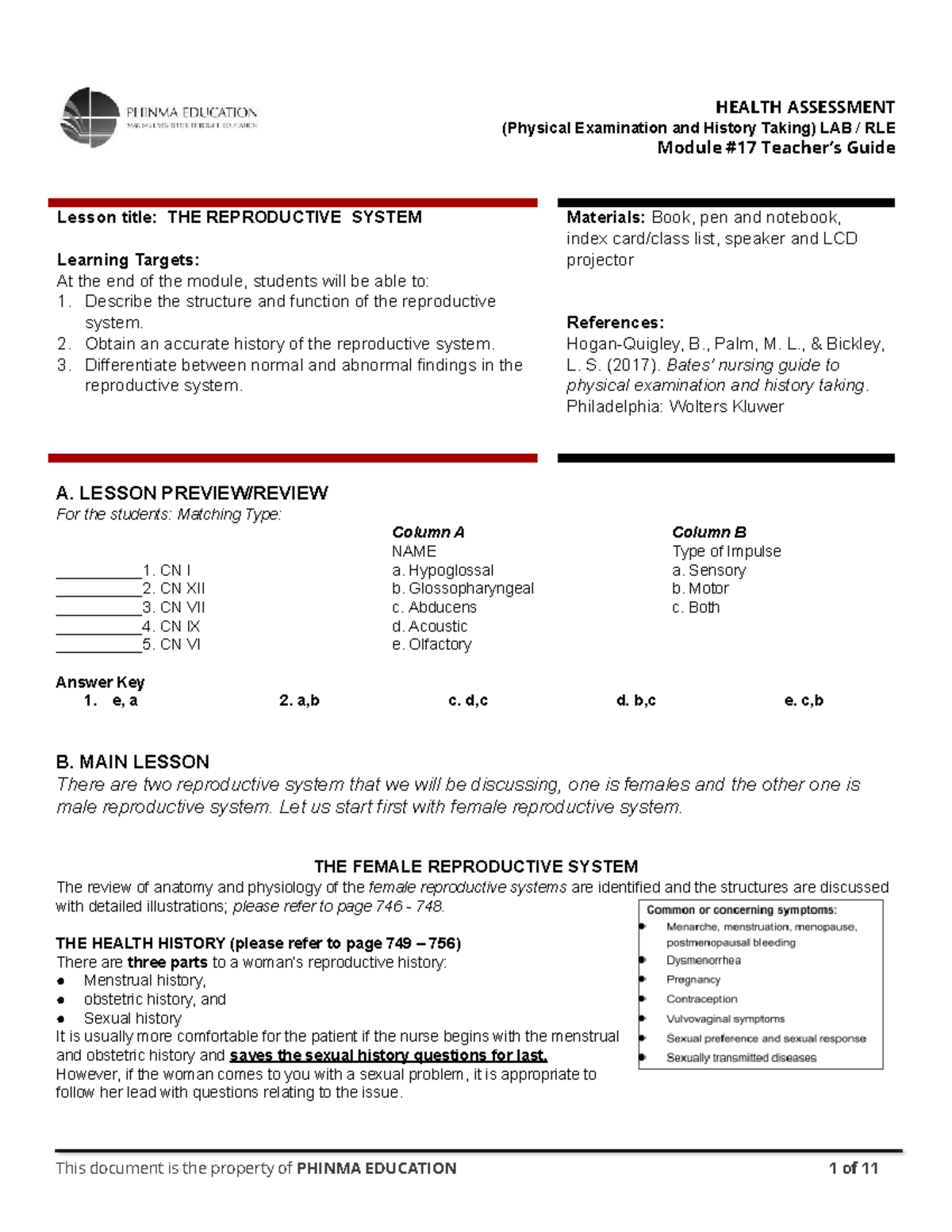 HEALTH ASSESSMENT LAB RLE Module Guide: The Reproductive System - Studocu