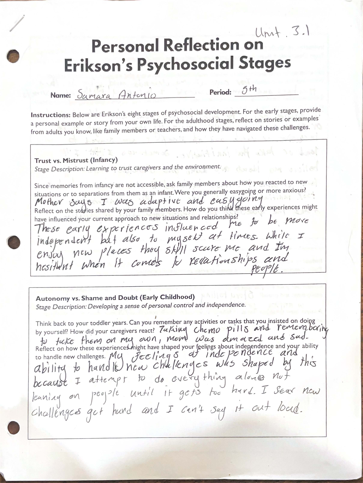 Personal Reflection on Psychosocial Stages: Insights and Examples - Studocu