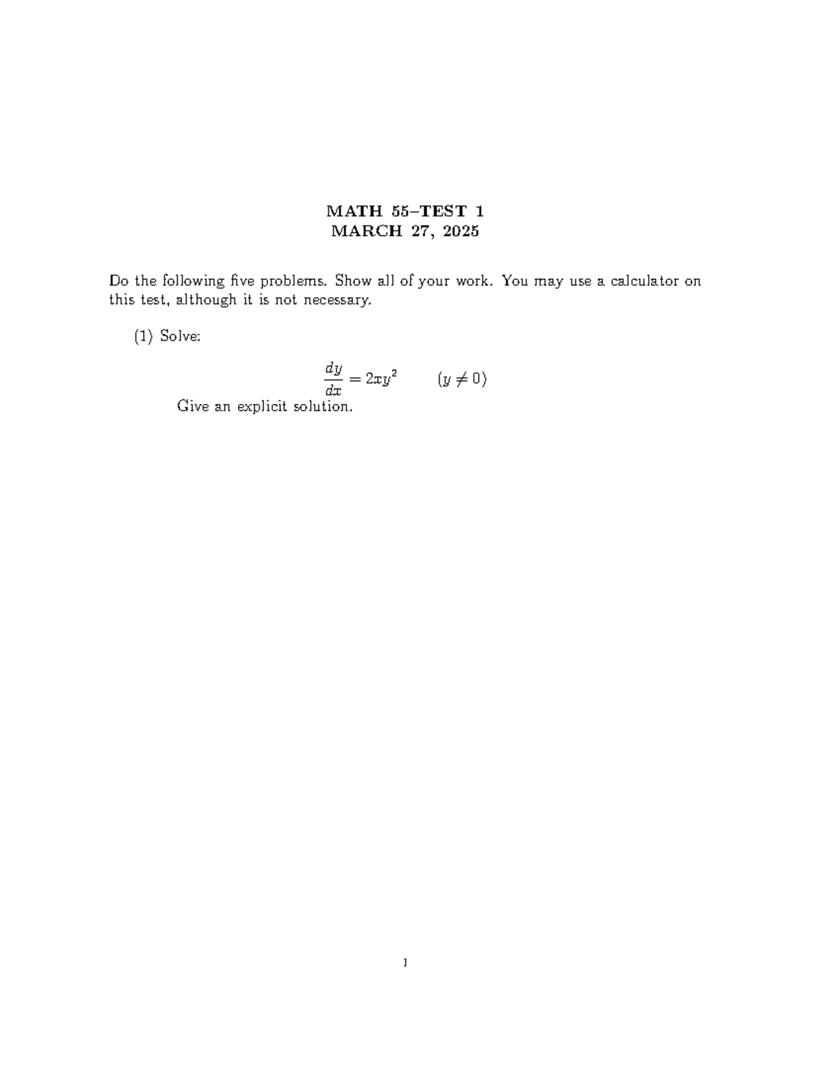 MATH 1 Test 1 Solutions and Work - March 27, 2025 - Studocu