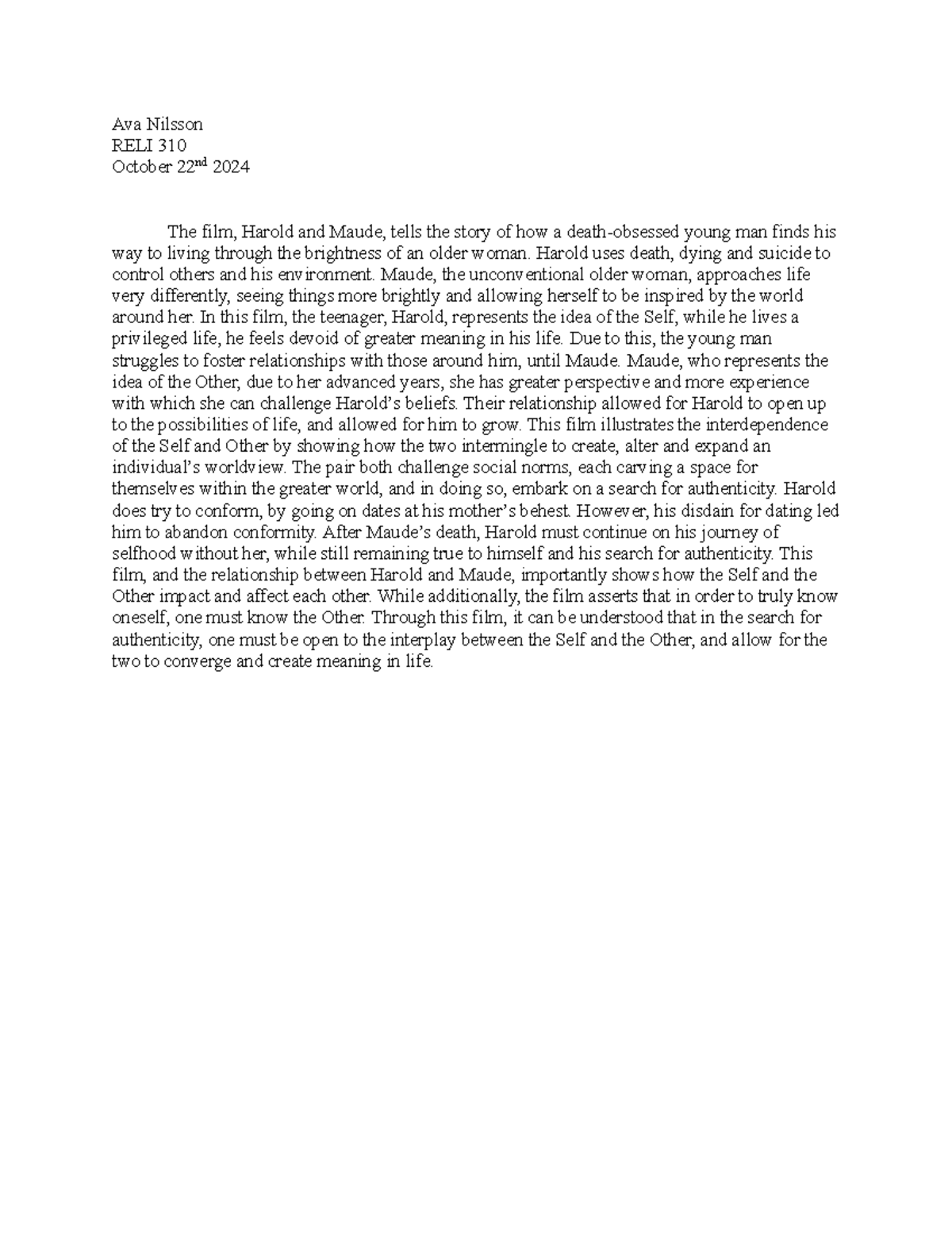 RELI 310 Movie Response: Exploring Self and Other in Harold and Maude ...