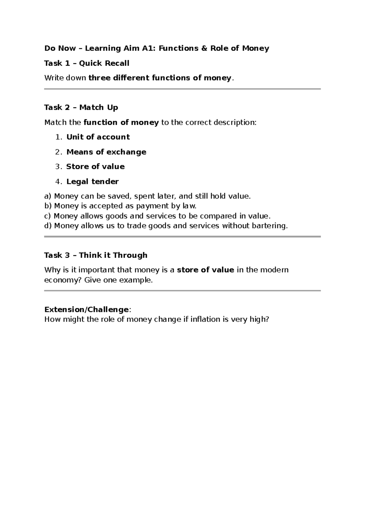 Do Now Learning Aim A1: Functions of Money - Task Answers - Studocu