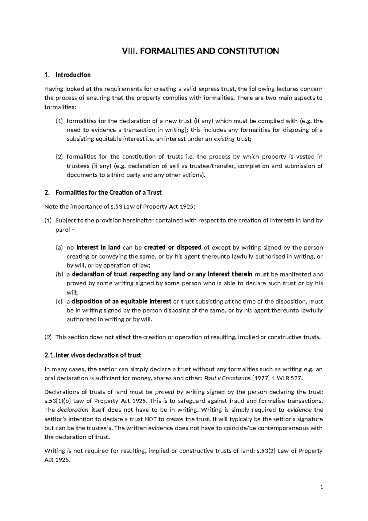 Formalities for Trust Creation: Lecture Notes (LAW 101) - Studocu