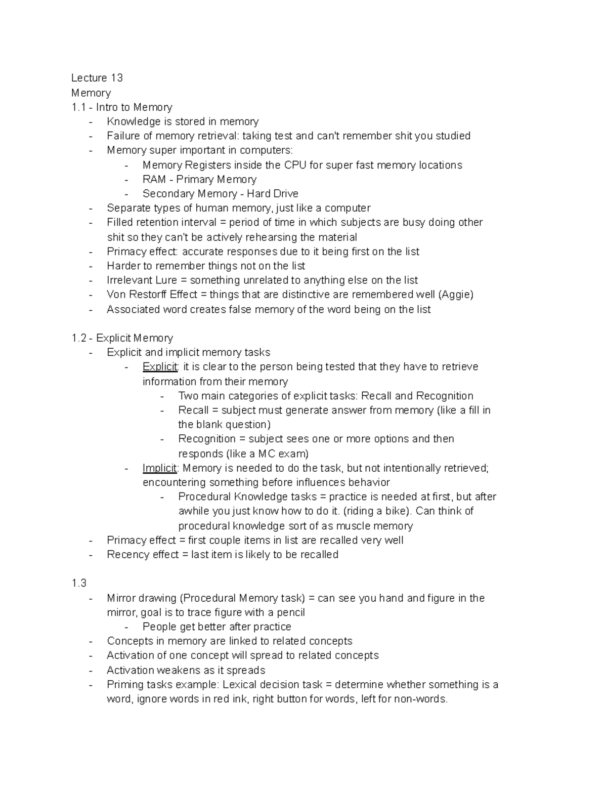 Psc 100 Notes for Midterm 4 (lecture 13) - Lecture 13 Memory 1 - Intro ...
