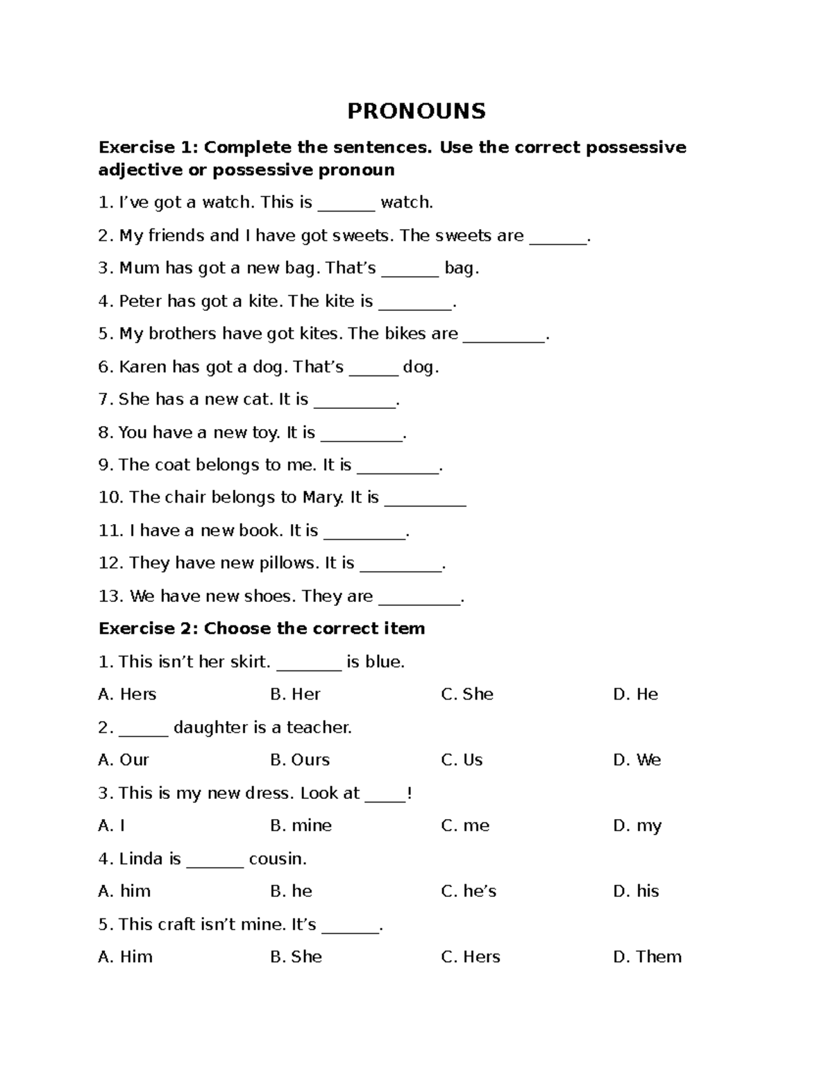 Pronouns - Worksheet (Exercise 1 to 13) - Studocu
