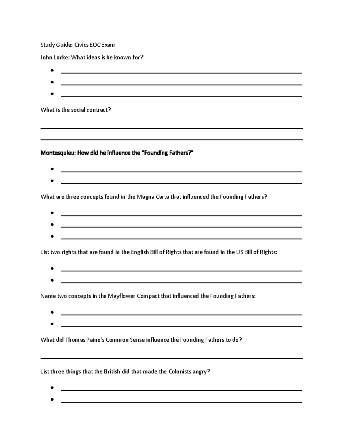 Study guide 1 - wery; - Study Guide: Civics EOC Exam John Locke: What ...