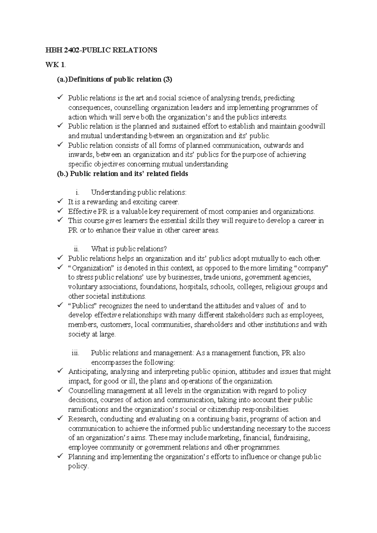 HBH 2402 Public Relations: Week 1 Overview and Key Concepts - Studocu